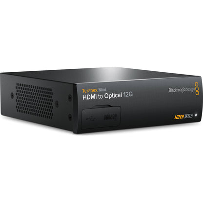 Blackmagic Design Teranex Mini HDMI to Optical 12G converter angled view showing vented side panel