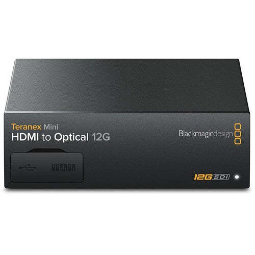 Blackmagic Design Teranex Mini HDMI to Optical 12G converter front panel with USB port cover and 12G-SDI badge