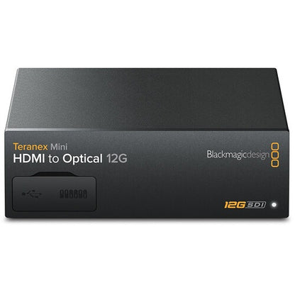 Blackmagic Design Teranex Mini HDMI to Optical 12G converter front panel with USB port cover and 12G-SDI badge