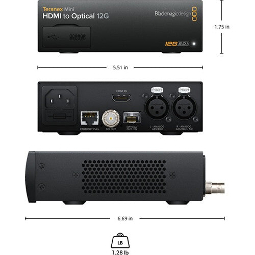 Teranex Mini HDMI to Optical 12G dimensions diagram with rear panel HDMI, SDI, optical and XLR connectors
