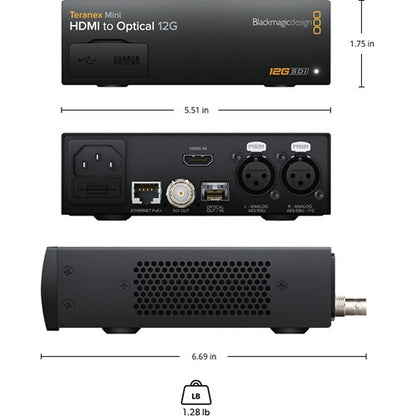 Teranex Mini HDMI to Optical 12G dimensions diagram with rear panel HDMI, SDI, optical and XLR connectors
