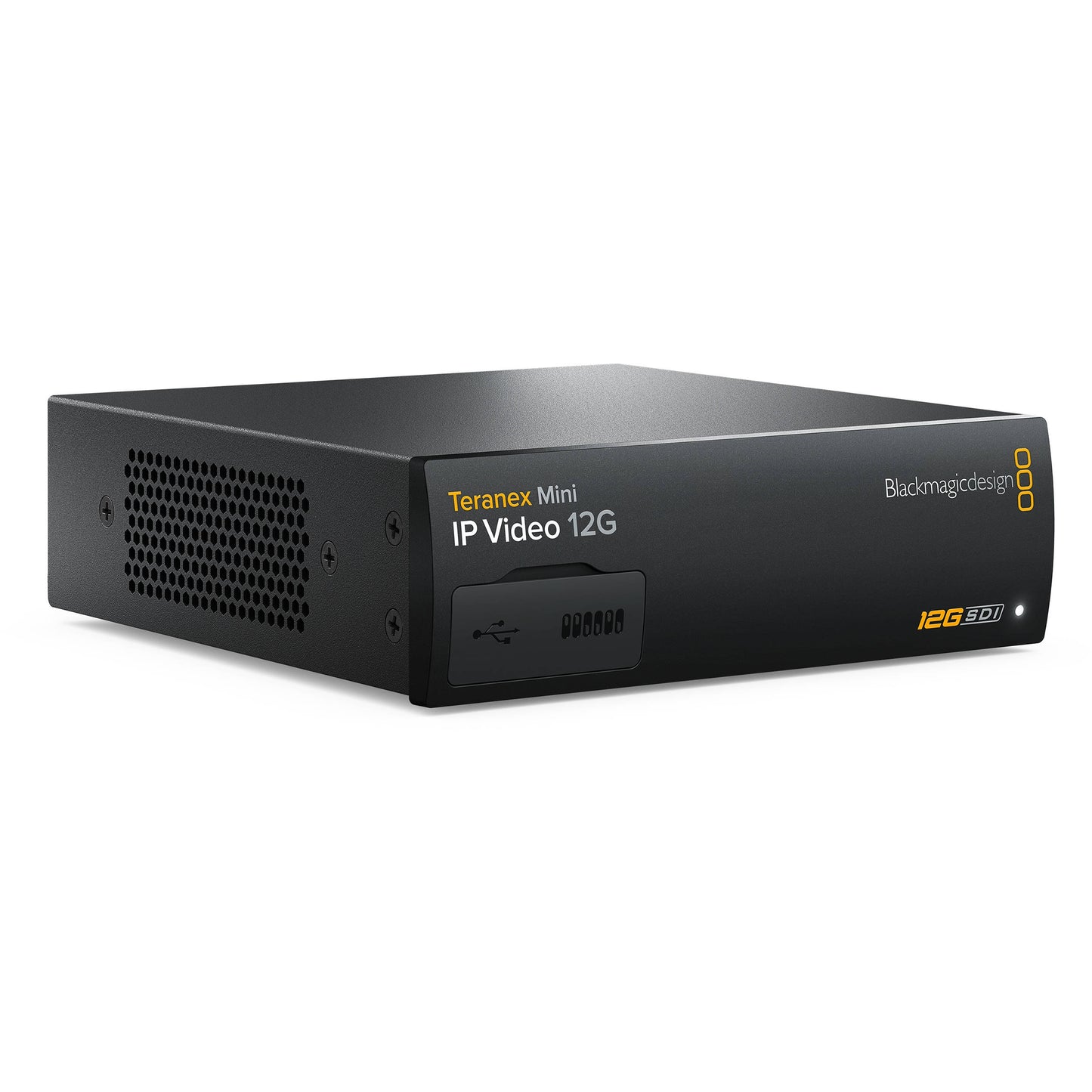 Blackmagic Design Teranex Mini IP Video 12G converter angled view showing side vents and half-rack chassis