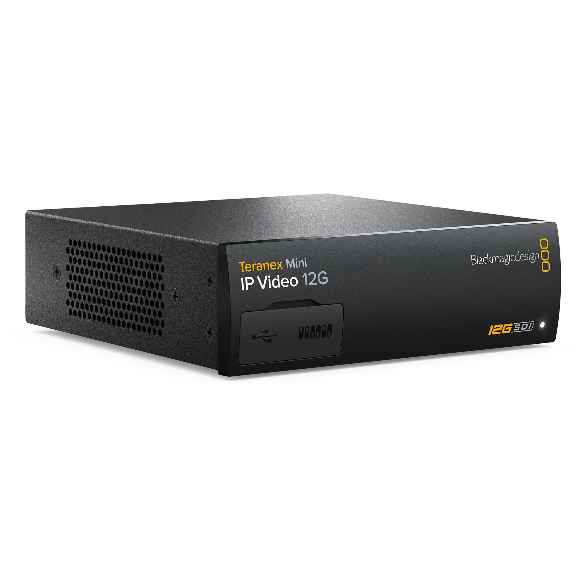 Blackmagic Design Teranex Mini IP Video 12G converter angled view showing side vents and half-rack chassis