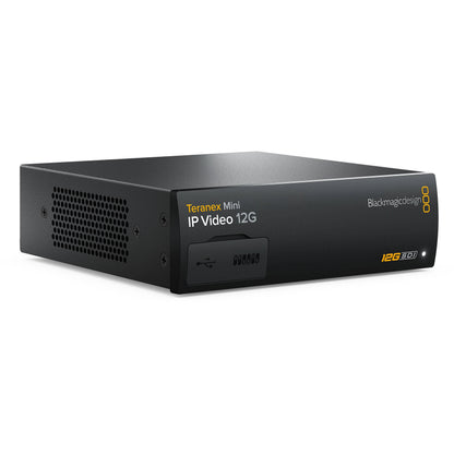 Blackmagic Design Teranex Mini IP Video 12G converter angled view showing side vents and half-rack chassis