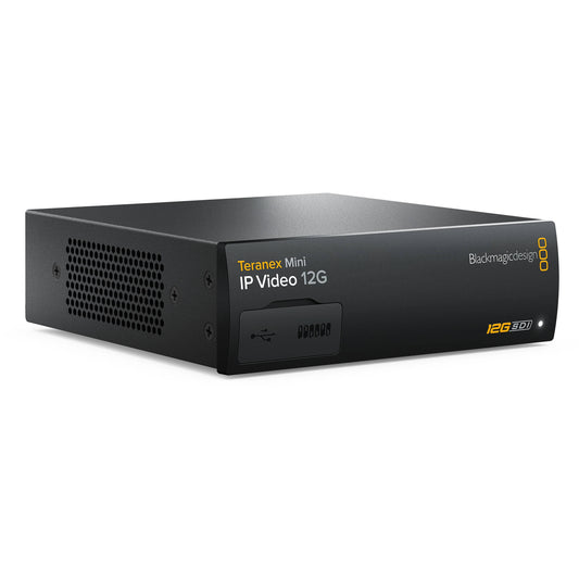 Blackmagic Design Teranex Mini IP Video 12G converter angled view showing side vents and half-rack chassis