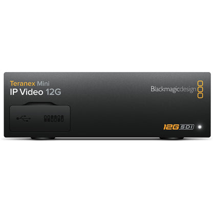 Blackmagic Design Teranex Mini IP Video 12G converter front panel with USB port and 12G-SDI status LED