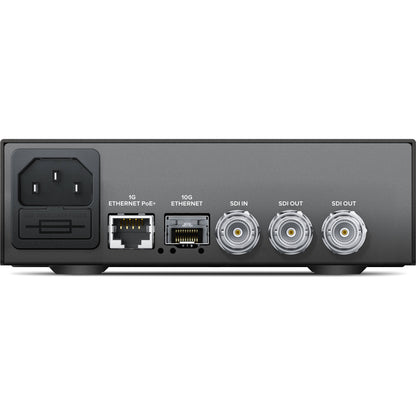 Teranex Mini IP Video 12G rear panel with IEC power inlet, 1G Ethernet PoE+, 10G Ethernet and BNC SDI jacks
