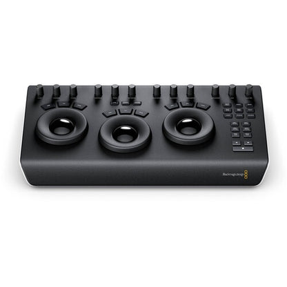 Blackmagic Design DaVinci Resolve Micro Panel front three-quarter view with three trackballs and control knobs