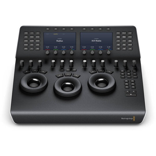 Blackmagic Design DaVinci Resolve Mini Panel front view with three trackballs and dual color LCD displays