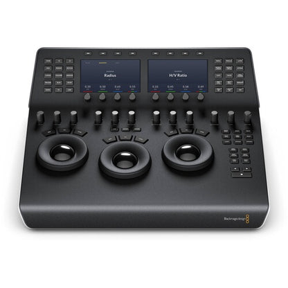 Blackmagic Design DaVinci Resolve Mini Panel front view with three trackballs and dual color LCD displays