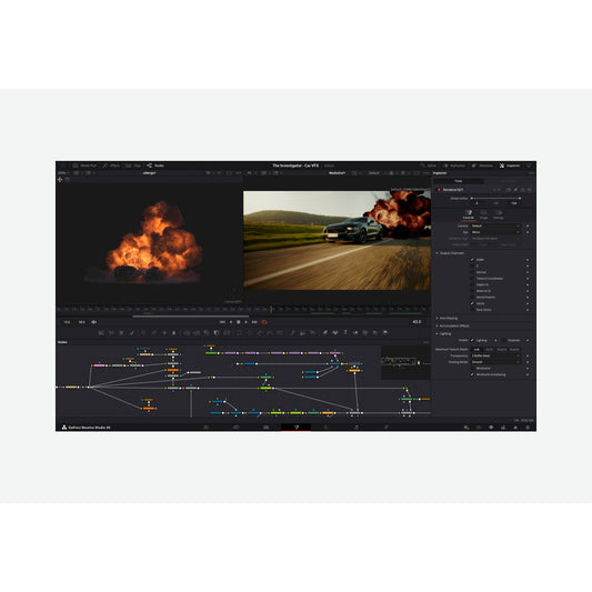 Blackmagic Design Fusion Studio node graph and Inspector Renderer3D controls in close detail