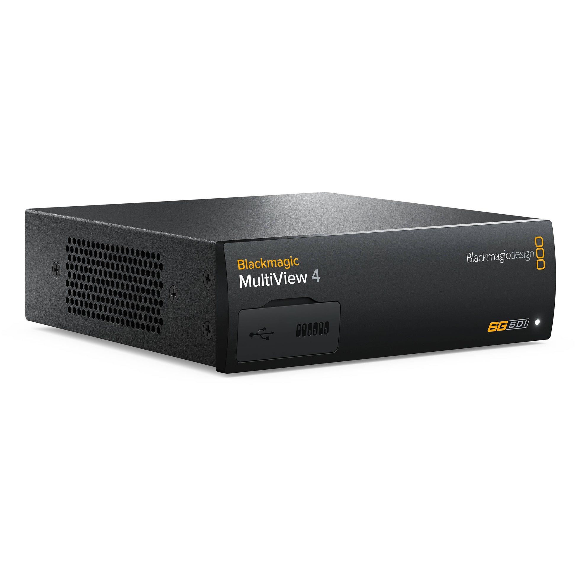 Blackmagic Design MultiView 4 angled view showing vented side panel and front USB port