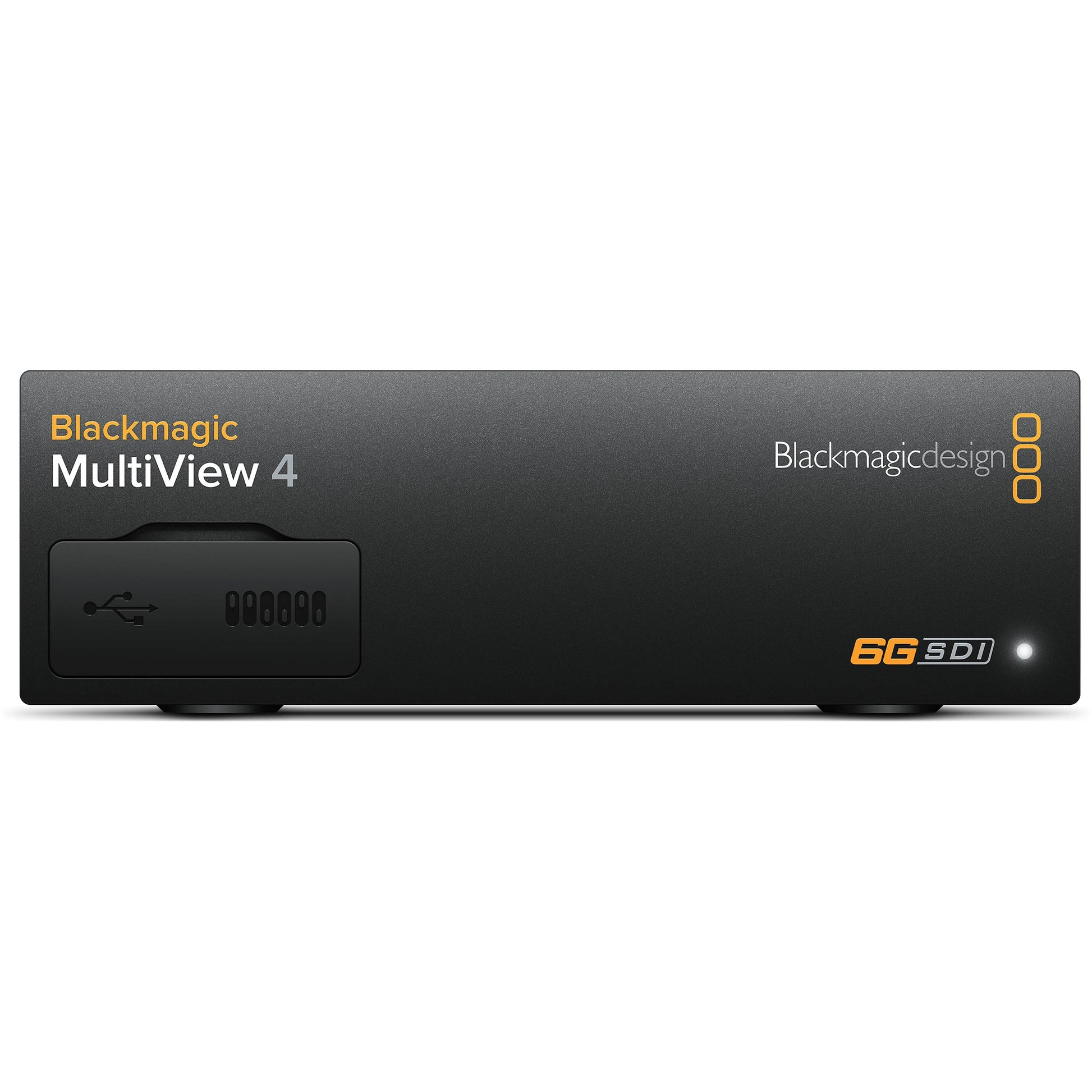 Blackmagic Design MultiView 4 straight-on front view with lit status indicator and rubber feet