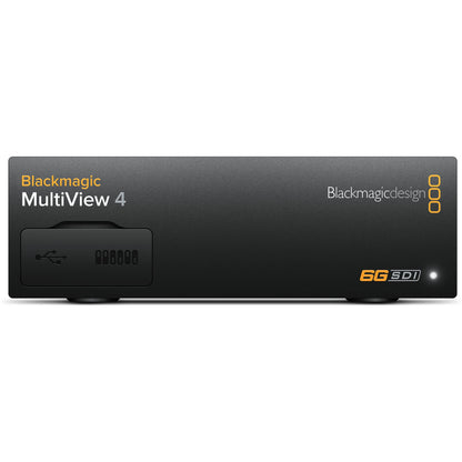Blackmagic Design MultiView 4 straight-on front view with lit status indicator and rubber feet