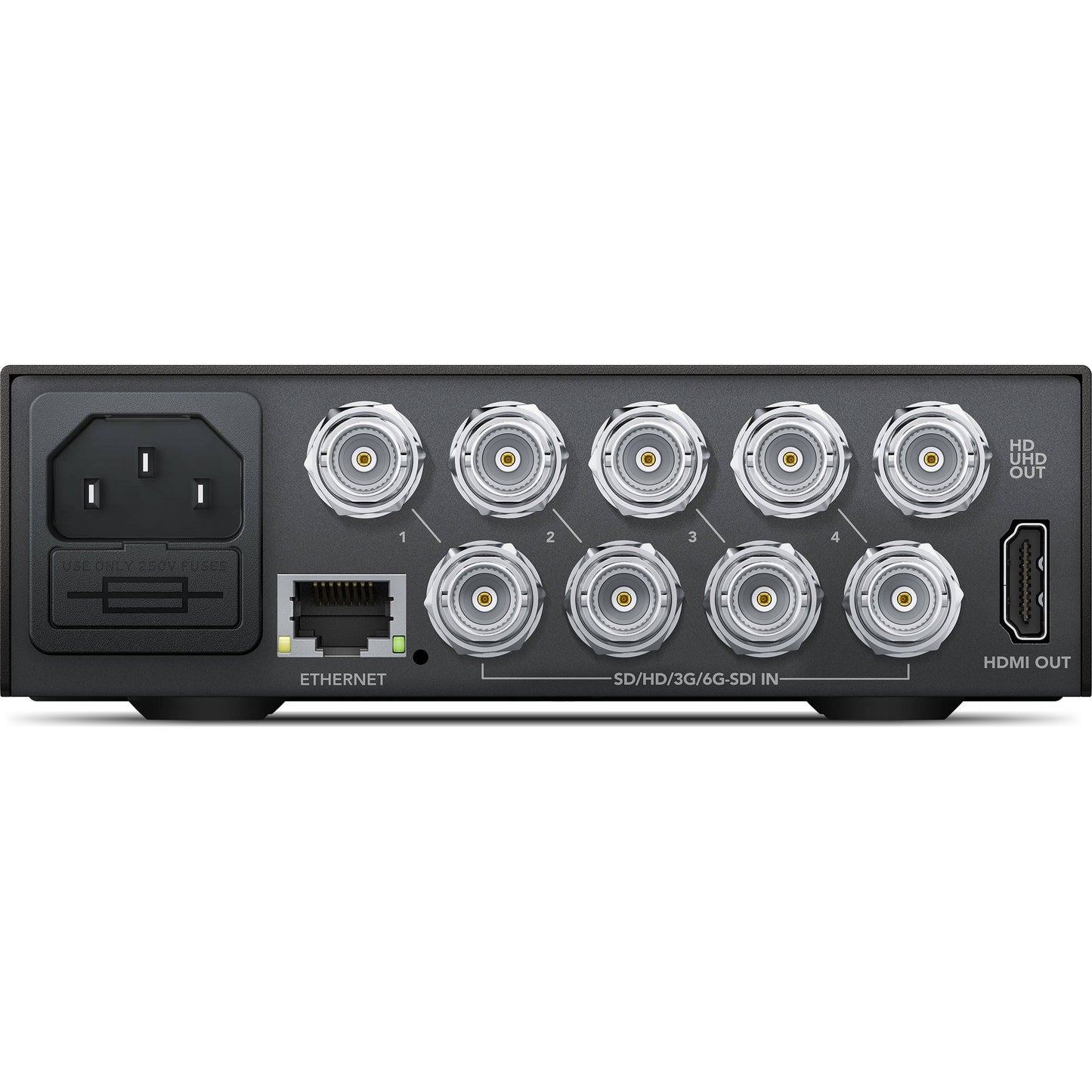 Blackmagic Design MultiView 4 rear panel with BNC SDI in and out, Ethernet, HDMI out, and IEC power inlet