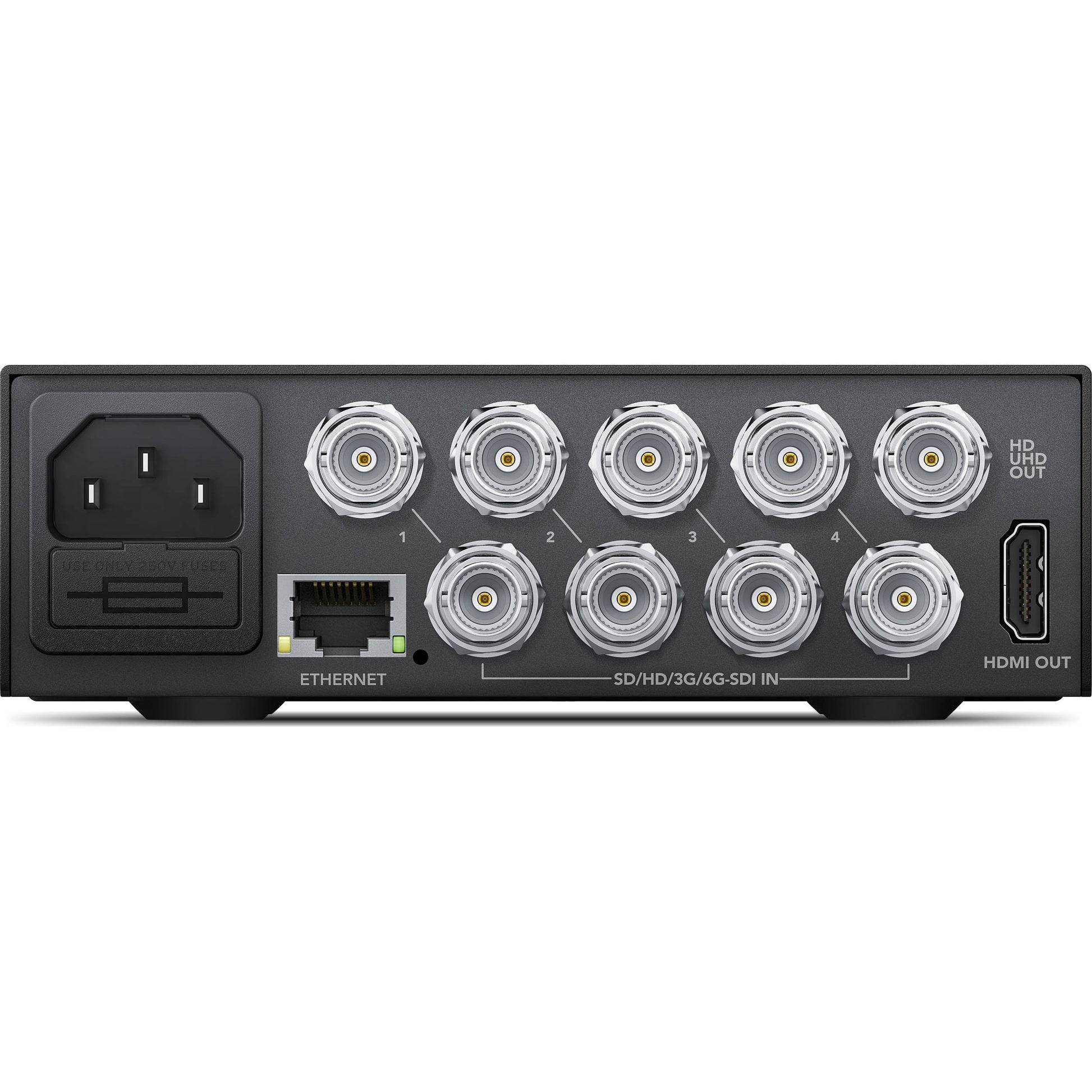 Blackmagic Design MultiView 4 rear panel with BNC SDI in and out, Ethernet, HDMI out, and IEC power inlet