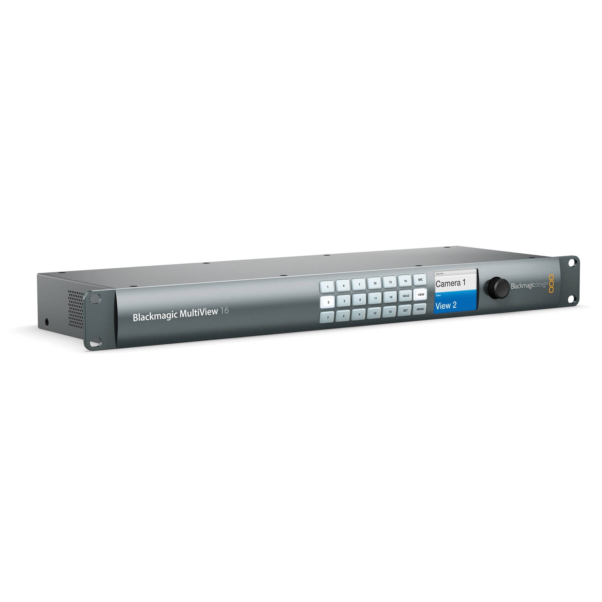 Blackmagic Design MultiView 16 angled view showing 1RU chassis, rack ears and side vents