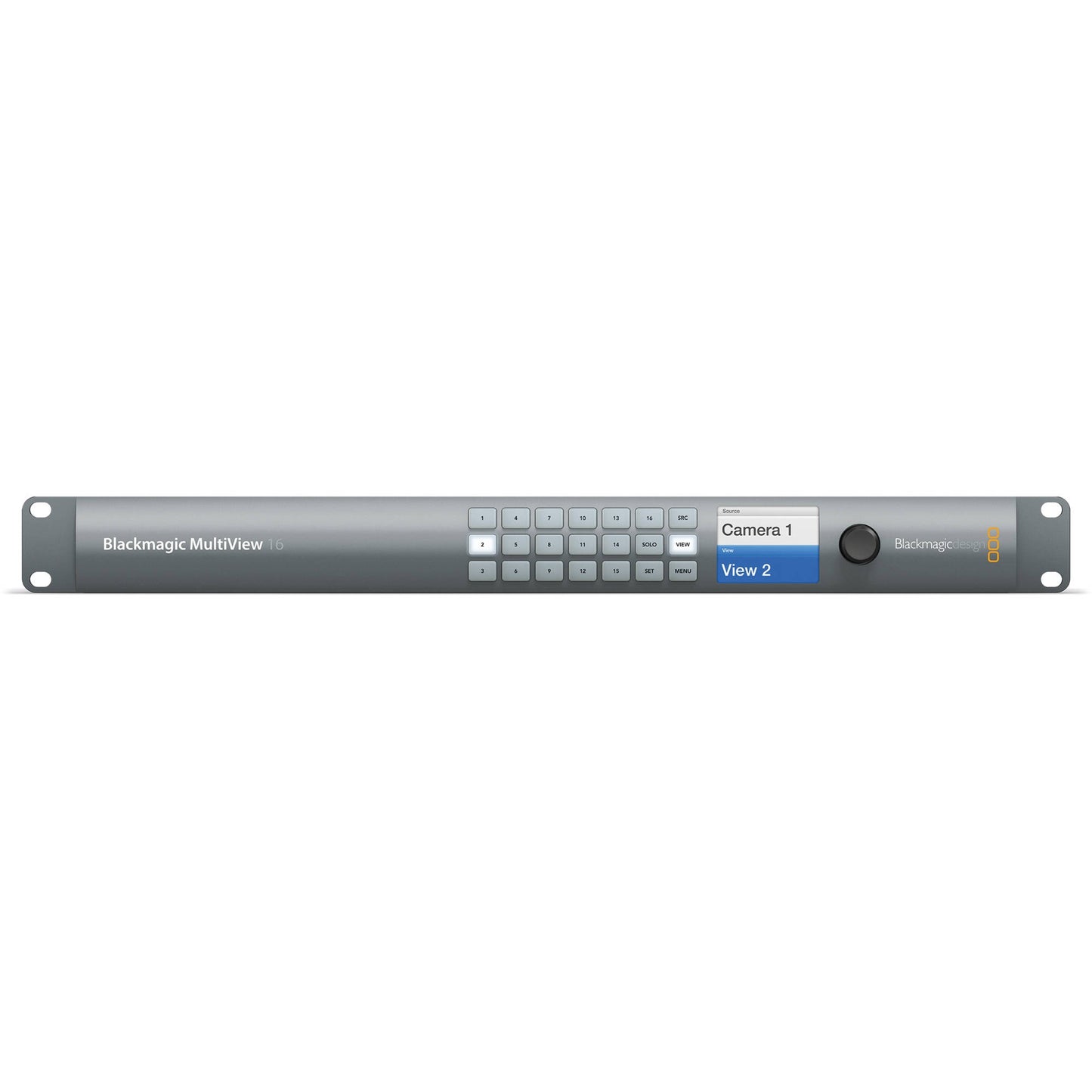 Blackmagic Design MultiView 16 front panel with numbered source buttons, LCD display and control knob