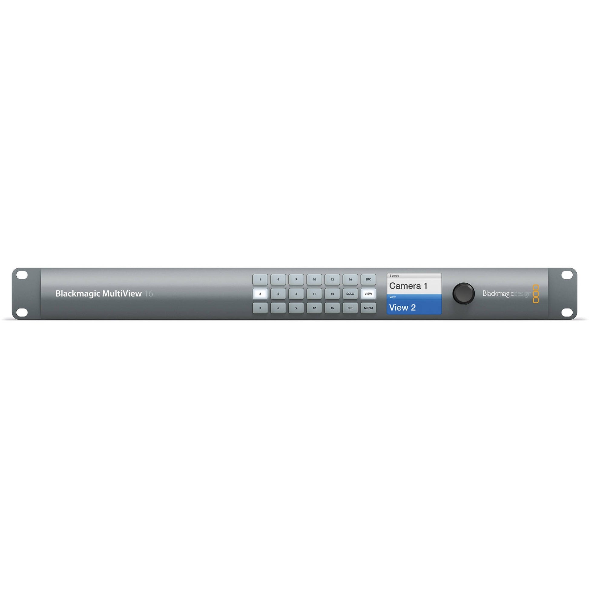 Blackmagic Design MultiView 16 front panel with numbered source buttons, LCD display and control knob