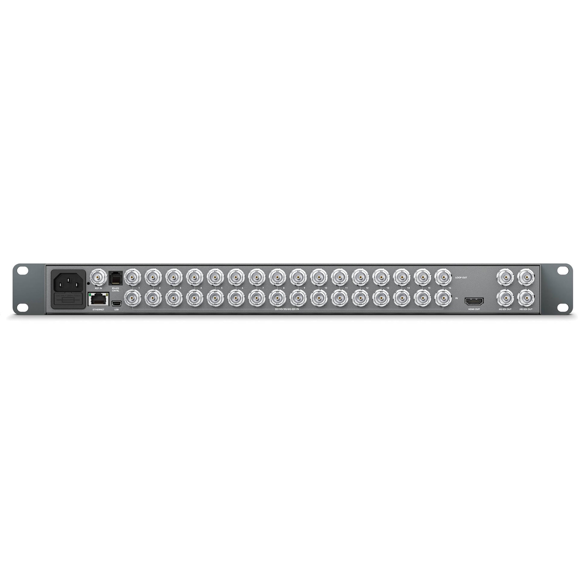 Blackmagic Design MultiView 16 rear panel with BNC SDI inputs, HDMI out, Ethernet, USB and IEC power inlet