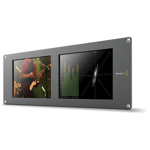 Blackmagic Design SmartScope Duo 4K angled view with dual displays showing live video and audio meters with vectorscope