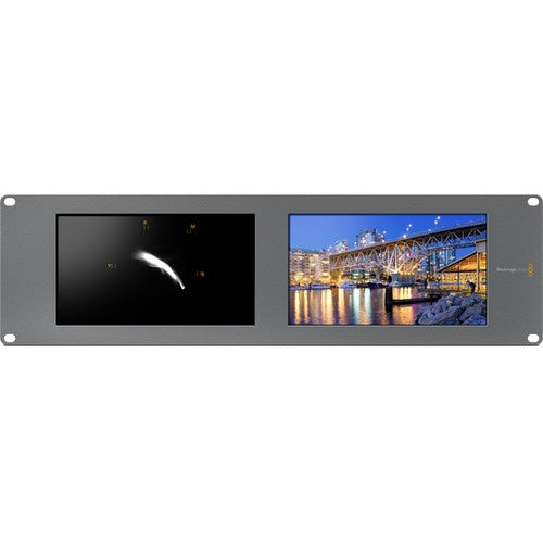 Blackmagic Design SmartScope Duo 4K vectorscope readout beside a night cityscape video preview