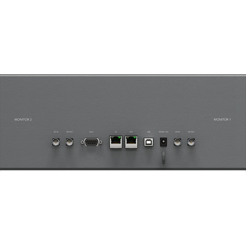 Close-up of Blackmagic Design SmartScope Duo 4K connector panel labeled Monitor 1 and Monitor 2 with BNC and RJ45 ports