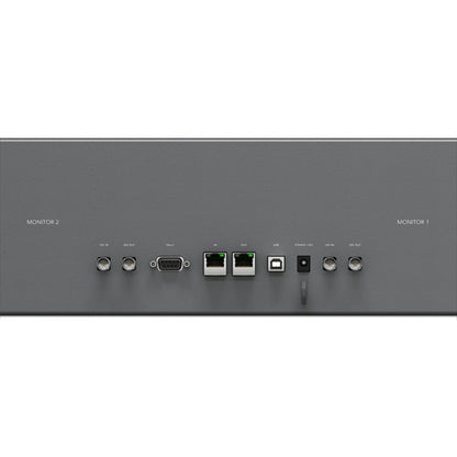 Close-up of Blackmagic Design SmartScope Duo 4K connector panel labeled Monitor 1 and Monitor 2 with BNC and RJ45 ports
