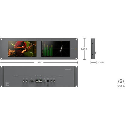 Blackmagic Design SmartScope Duo 4K dimension diagram, 19" x 5.24" x 1.26" and 3.37 lb, front, rear and side views