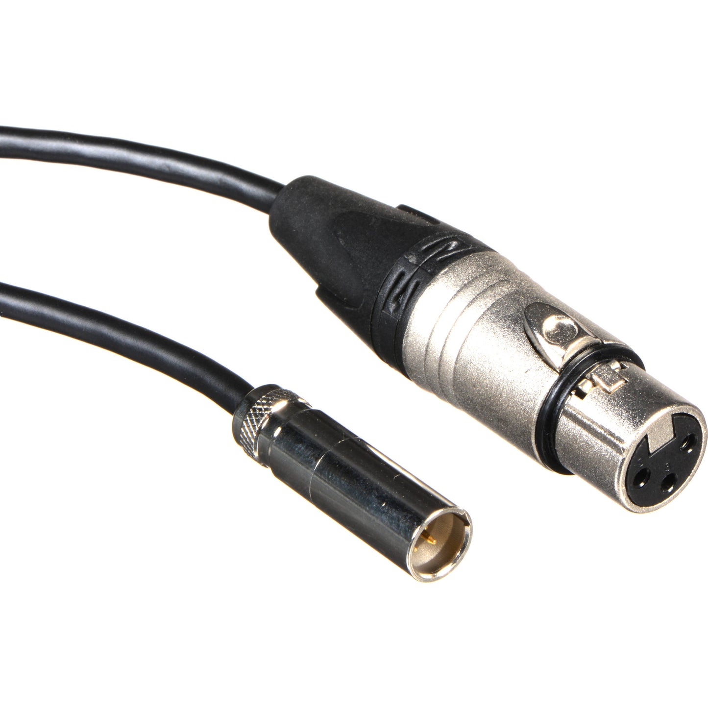 Blackmagic Design mini XLR cable close-up showing 3-pin female XLR and mini XLR connector ends