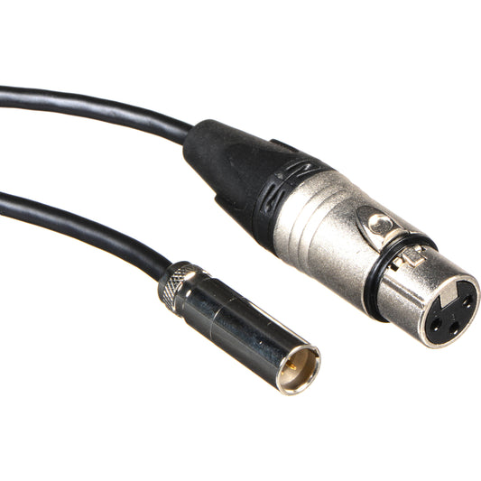 Blackmagic Design mini XLR cable close-up showing 3-pin female XLR and mini XLR connector ends