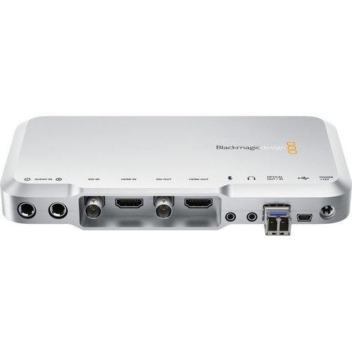 Blackmagic Design ATEM Camera Converter top view showing labeled audio, SDI, HDMI, optical and power ports