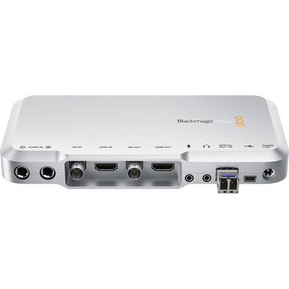 Blackmagic Design ATEM Camera Converter top view showing labeled audio, SDI, HDMI, optical and power ports
