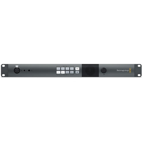 Blackmagic Design ATEM Studio Converter 2 front panel with XLR talkback input, keypad, speaker and rack ears