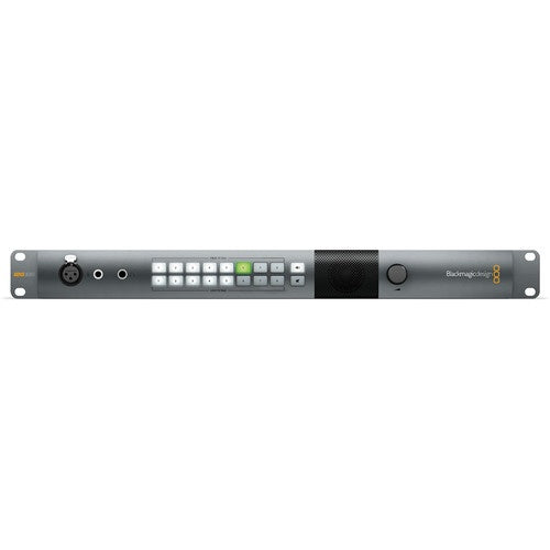 Blackmagic Design ATEM Talkback Converter 4K front panel with XLR input, backlit buttons, speaker and volume knob