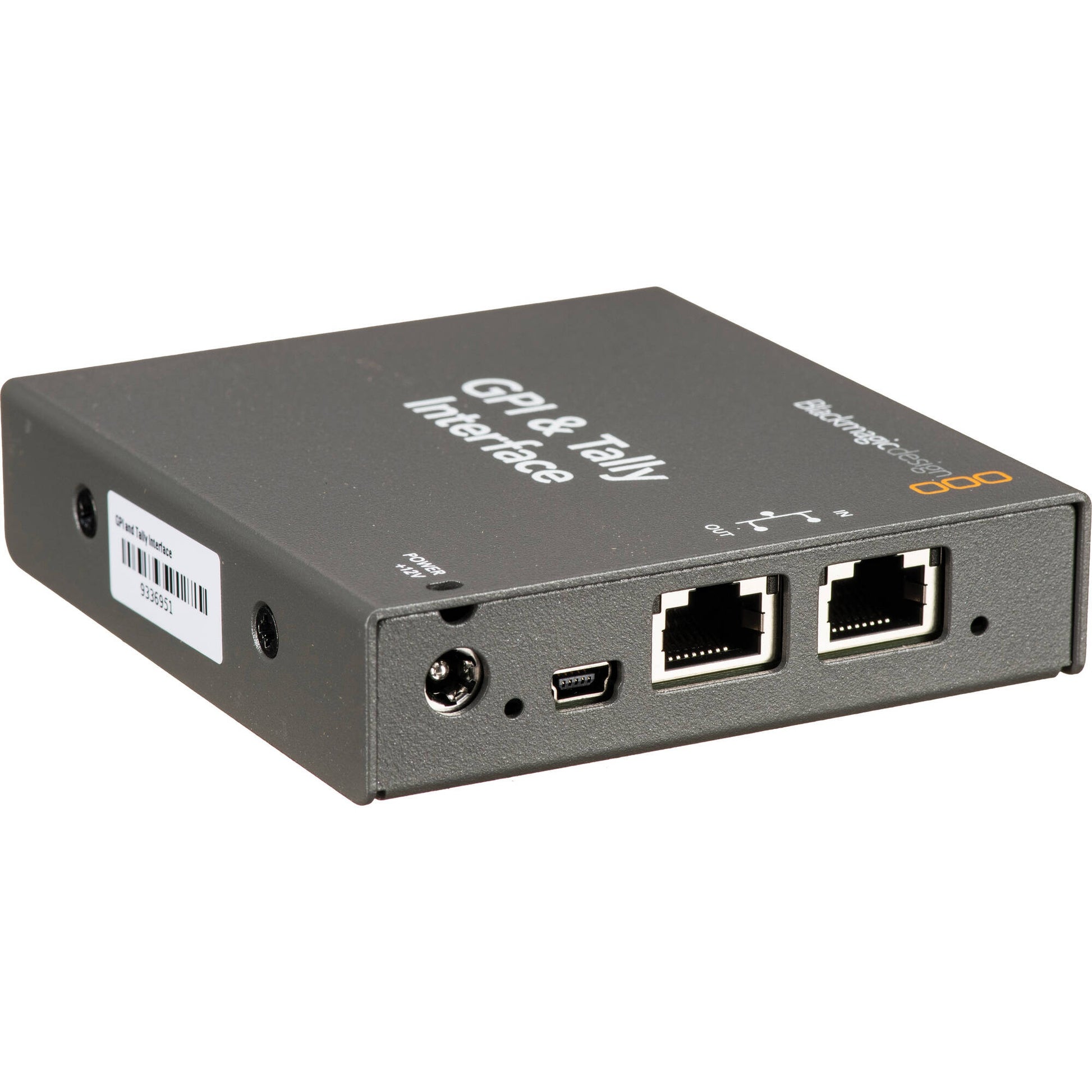 Blackmagic Design GPI & Tally Interface angled view with Ethernet in and out ports, mini USB, and power jack