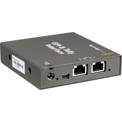 Blackmagic Design GPI & Tally Interface angled view with Ethernet in and out ports, mini USB, and power jack