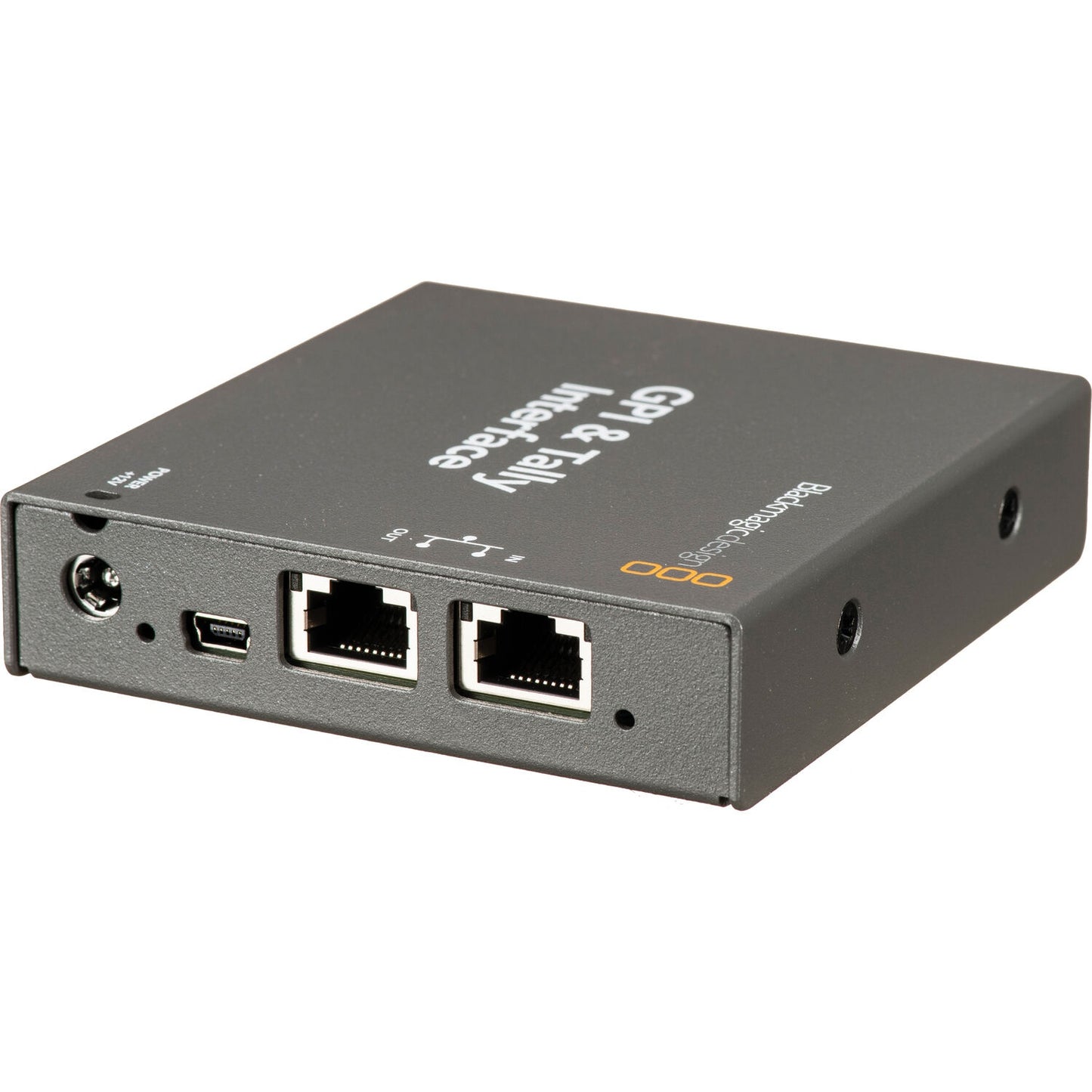 Blackmagic Design GPI & Tally Interface connector panel showing power input, mini USB, and two RJ45 jacks