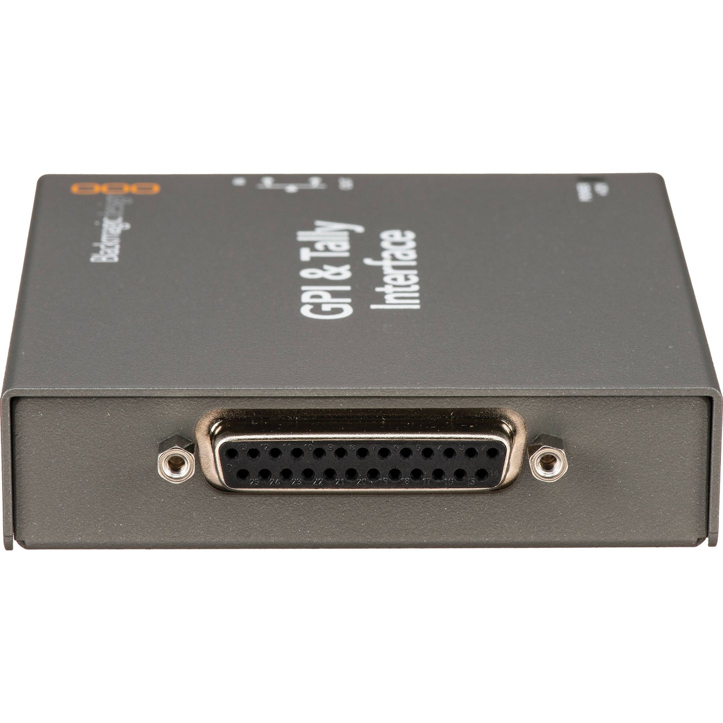 Blackmagic Design GPI & Tally Interface end view with 25-pin D-Sub GPI connector and mounting screws