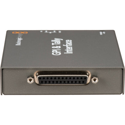 Blackmagic Design GPI & Tally Interface end view with 25-pin D-Sub GPI connector and mounting screws