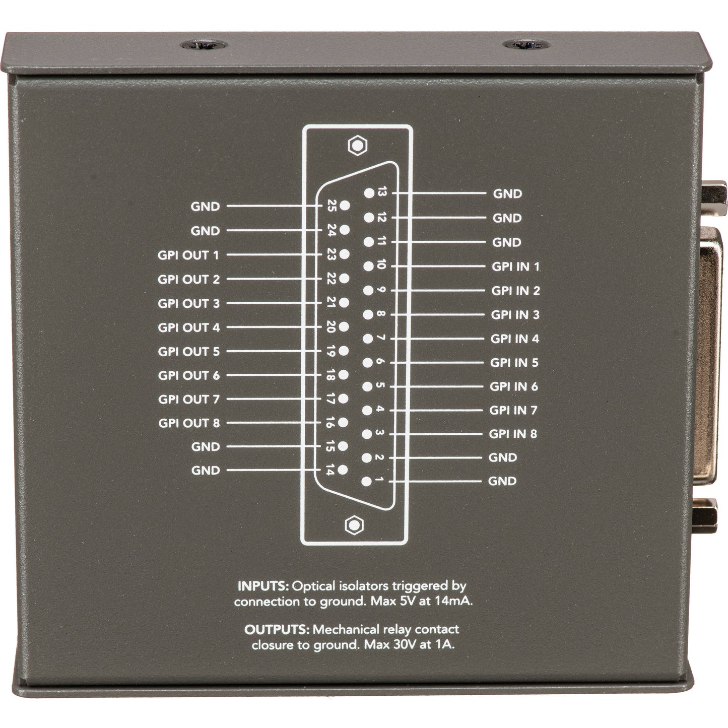 Blackmagic Design GPI & Tally Interface underside pinout diagram labeling GPI in, GPI out, and ground pins