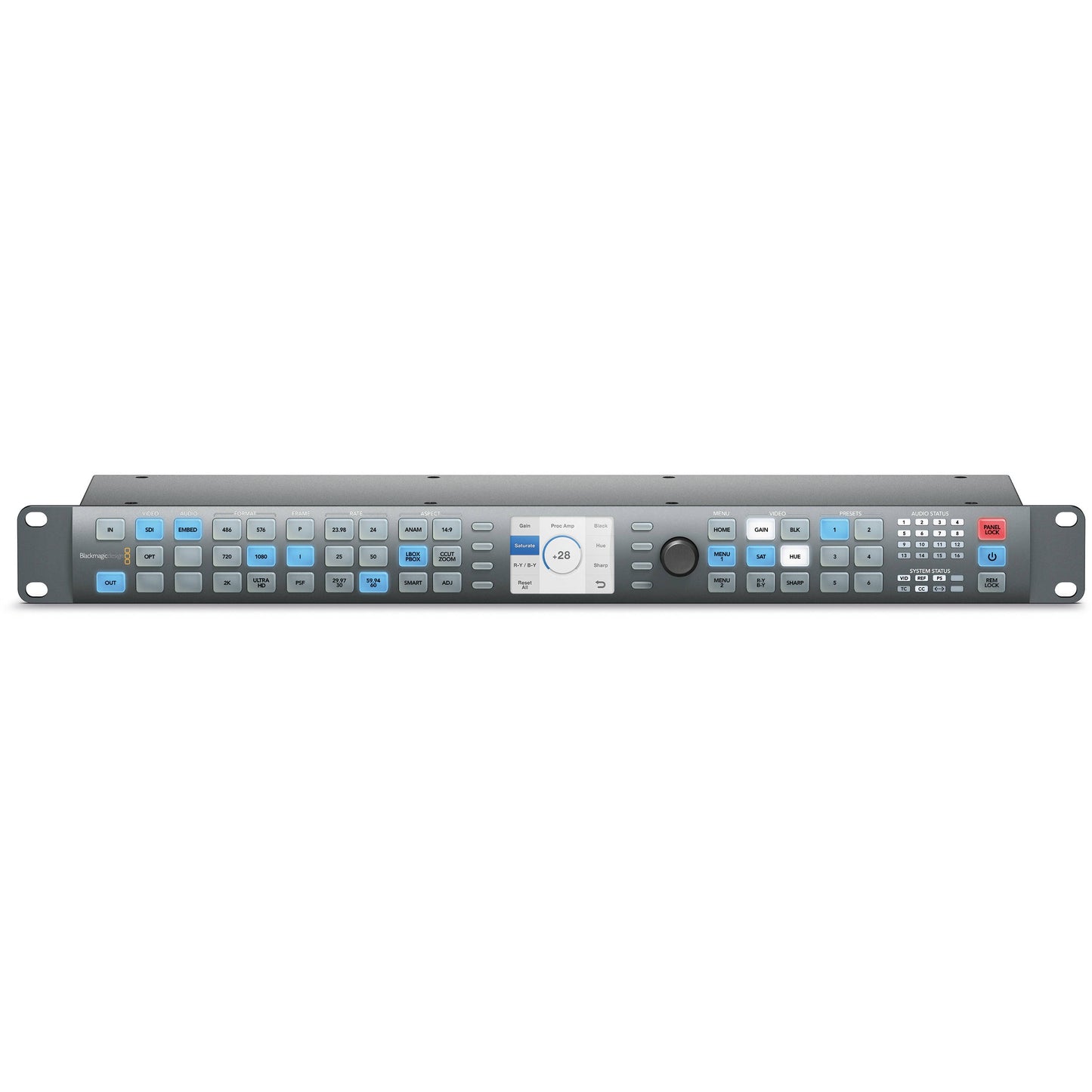 Blackmagic Design Teranex Express front panel with backlit format buttons, LCD display, and control knob