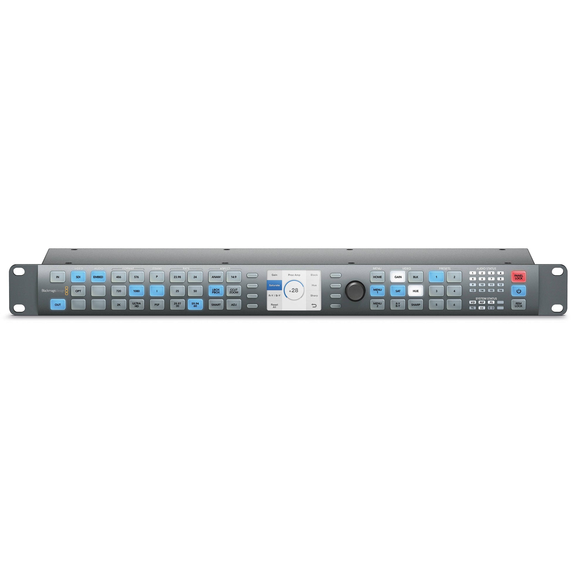 Blackmagic Design Teranex Express front panel with backlit format buttons, LCD display, and control knob