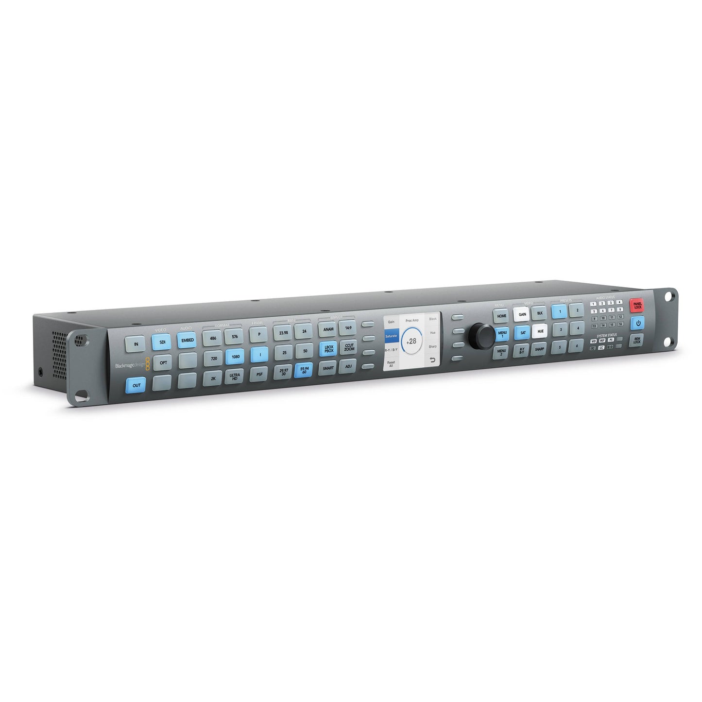 Blackmagic Design Teranex Express angled view showing 1RU chassis, rack ears, and side vent