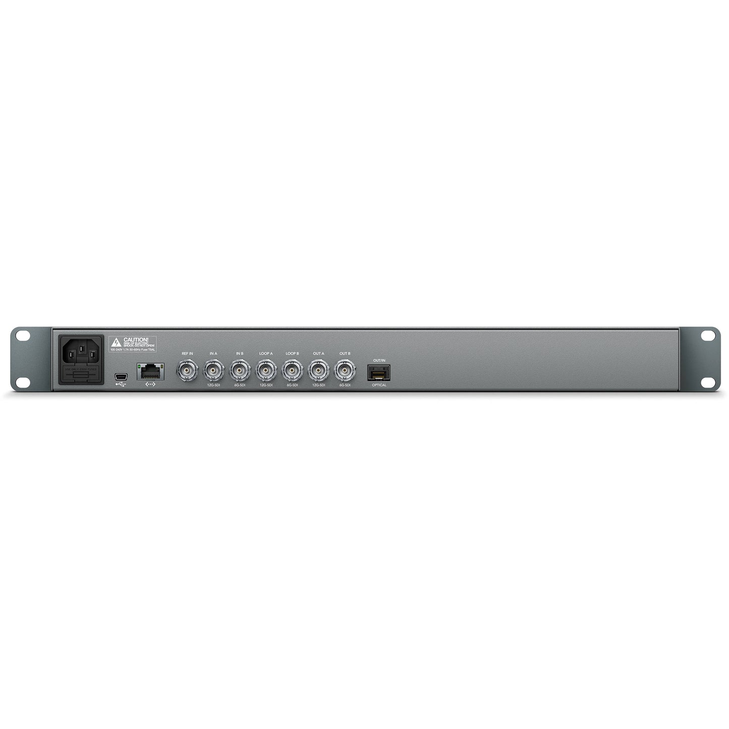 Blackmagic Design Teranex Express rear panel with SDI BNC in, loop and out, optical, Ethernet, USB, and IEC power