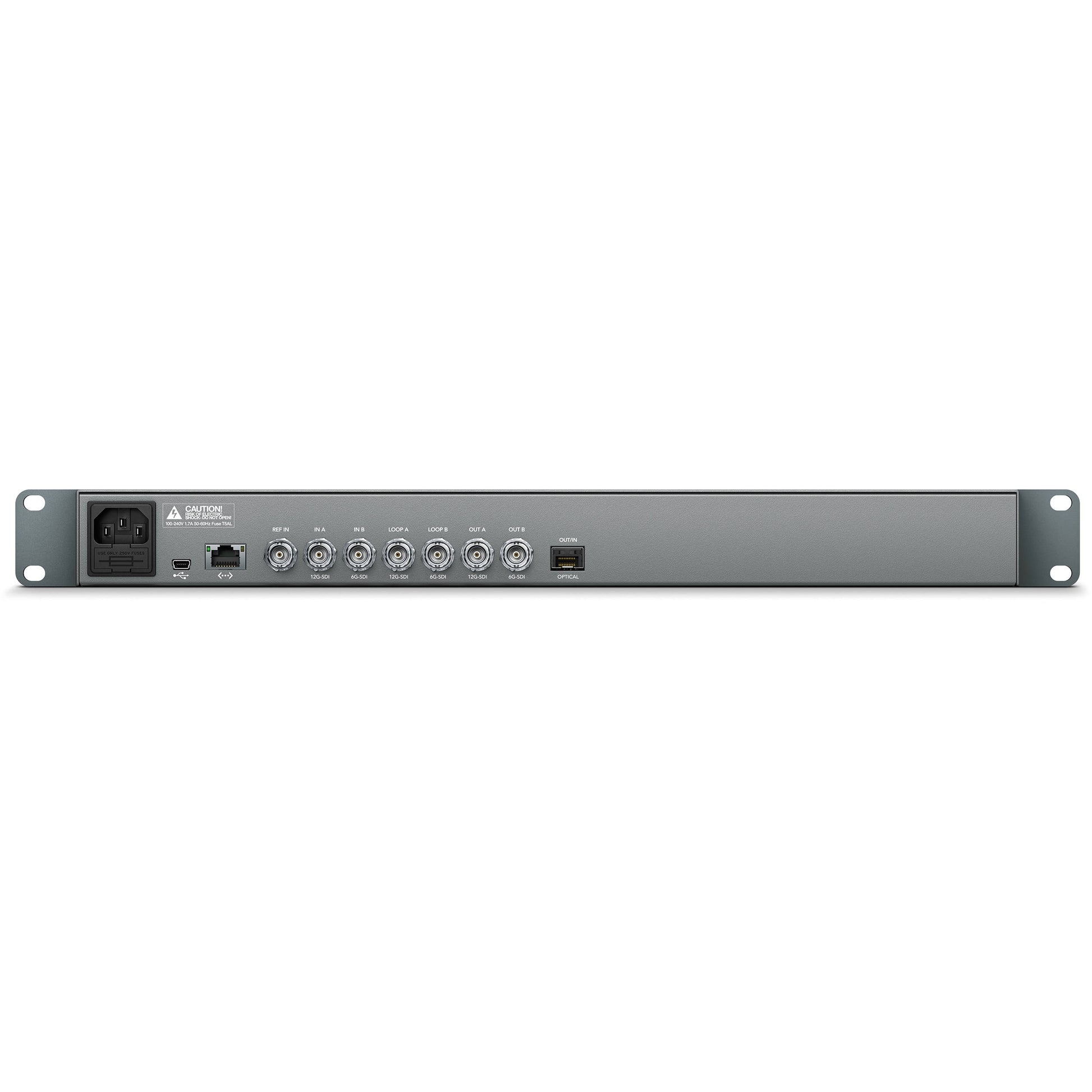 Blackmagic Design Teranex Express rear panel with SDI BNC in, loop and out, optical, Ethernet, USB, and IEC power
