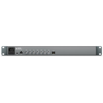 Blackmagic Design Teranex Express rear panel with SDI BNC in, loop and out, optical, Ethernet, USB, and IEC power
