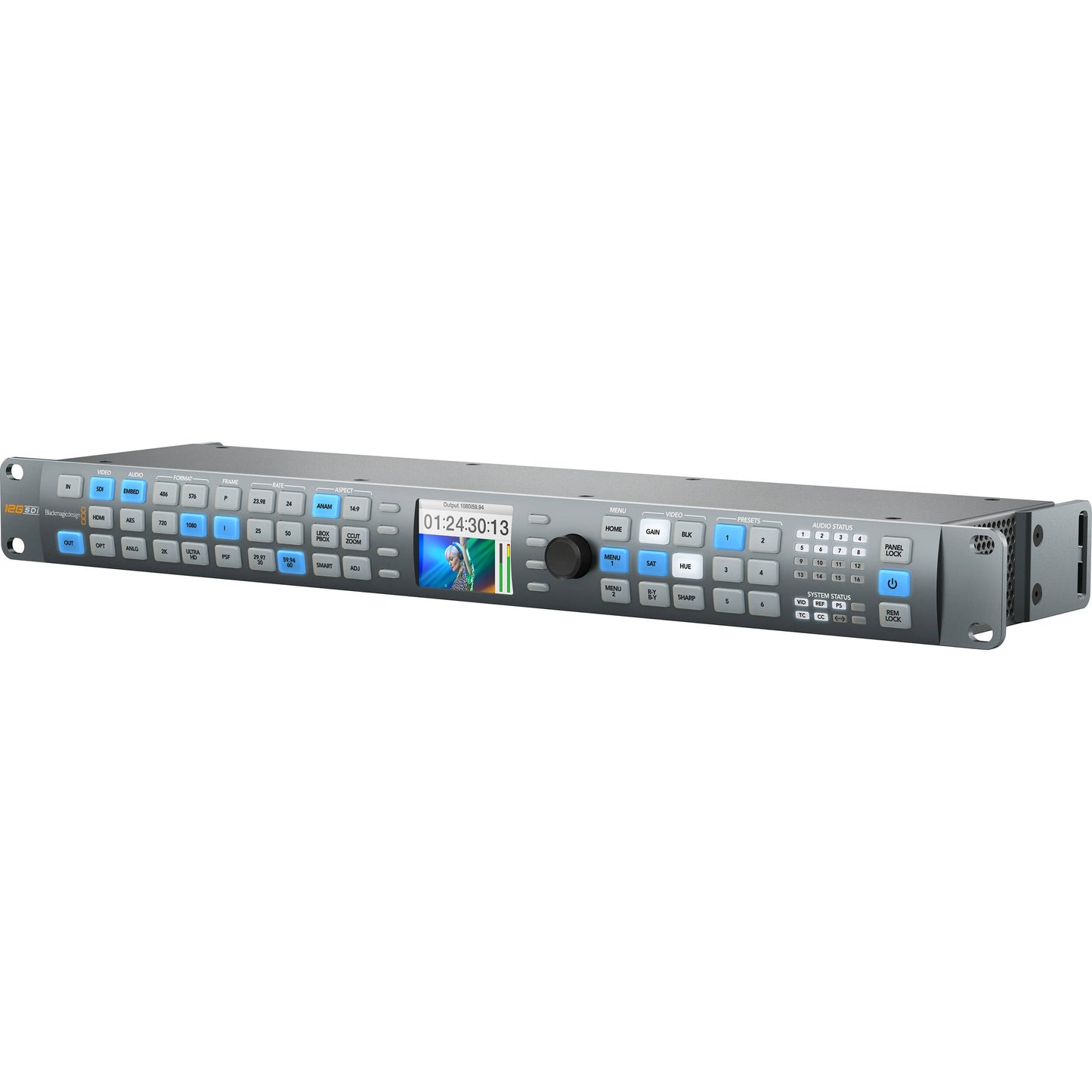 Blackmagic Design Teranex AV converter angled right view showing front panel buttons, LCD and control knob