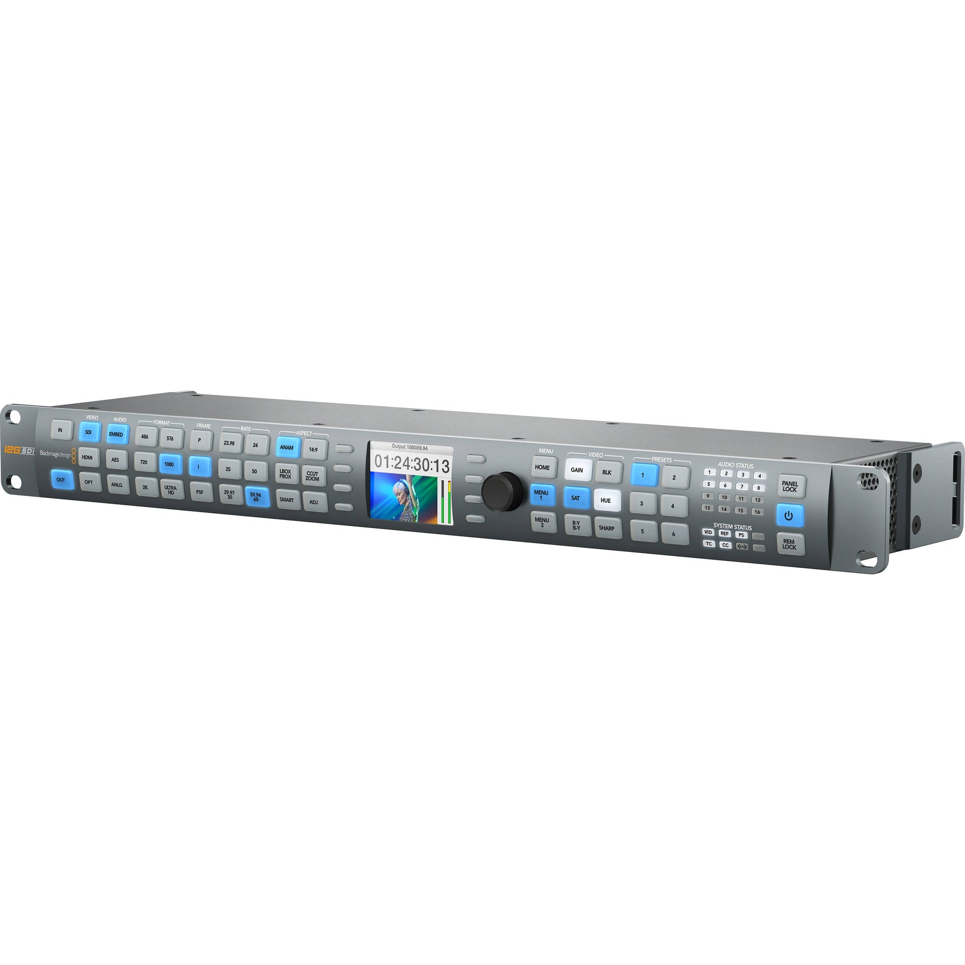 Blackmagic Design Teranex AV converter angled right view showing front panel buttons, LCD and control knob