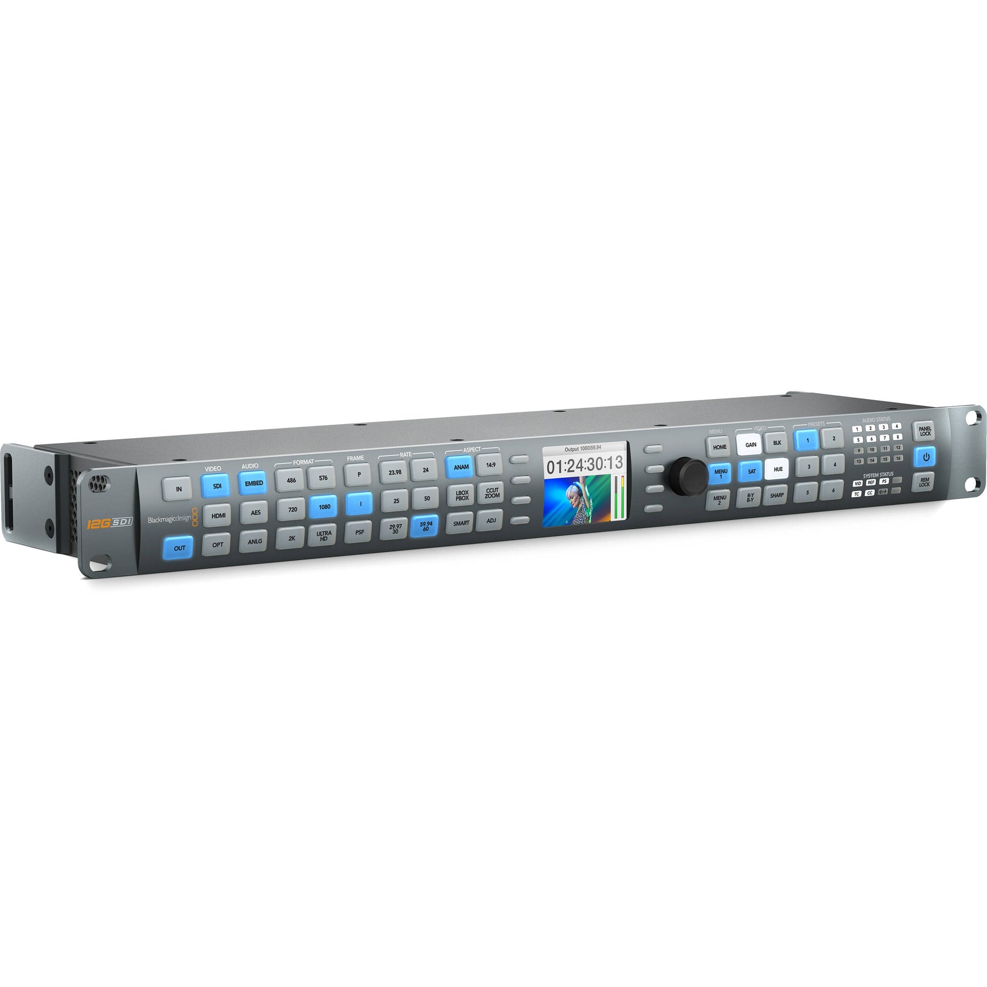 Blackmagic Design Teranex AV angled left view showing rack ears, side vent and 12G-SDI badge